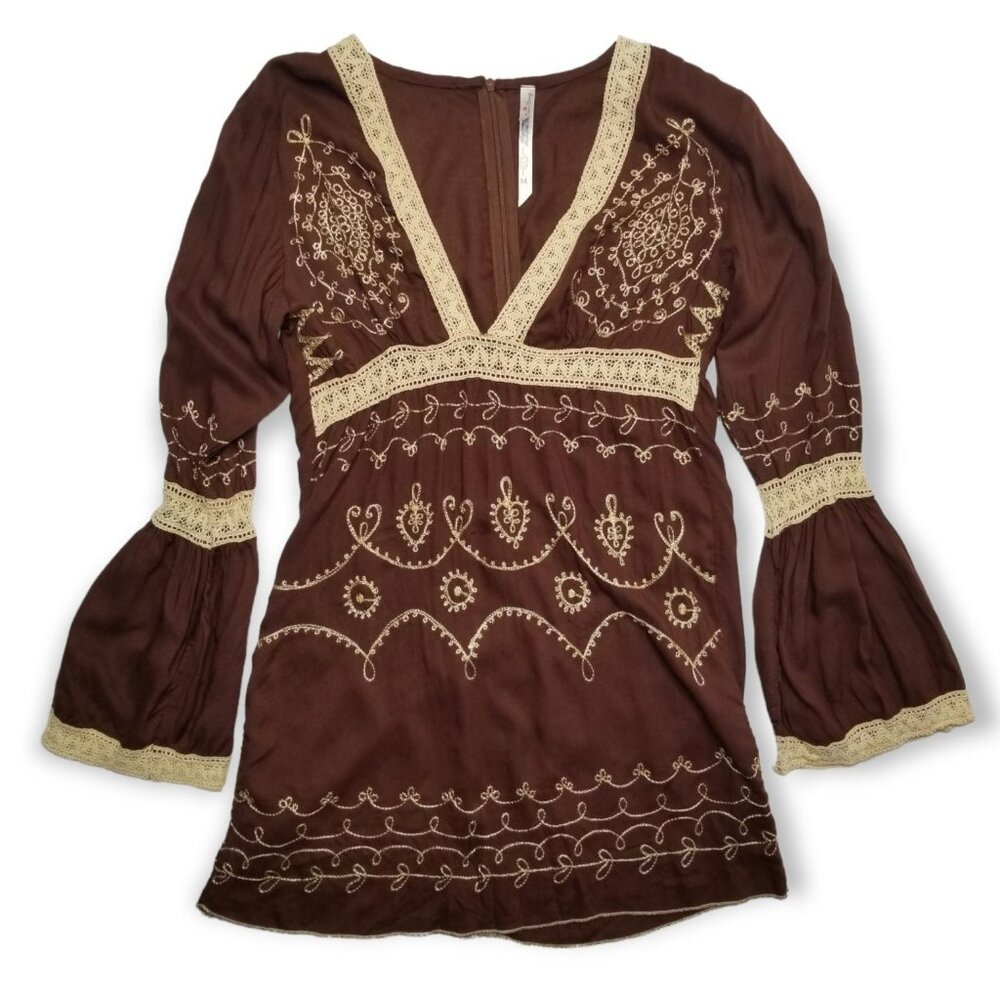 ❤️Y2k M Top Babydoll Crochet Embroidered Bell Sleeve Fairy Western Boho Cottage